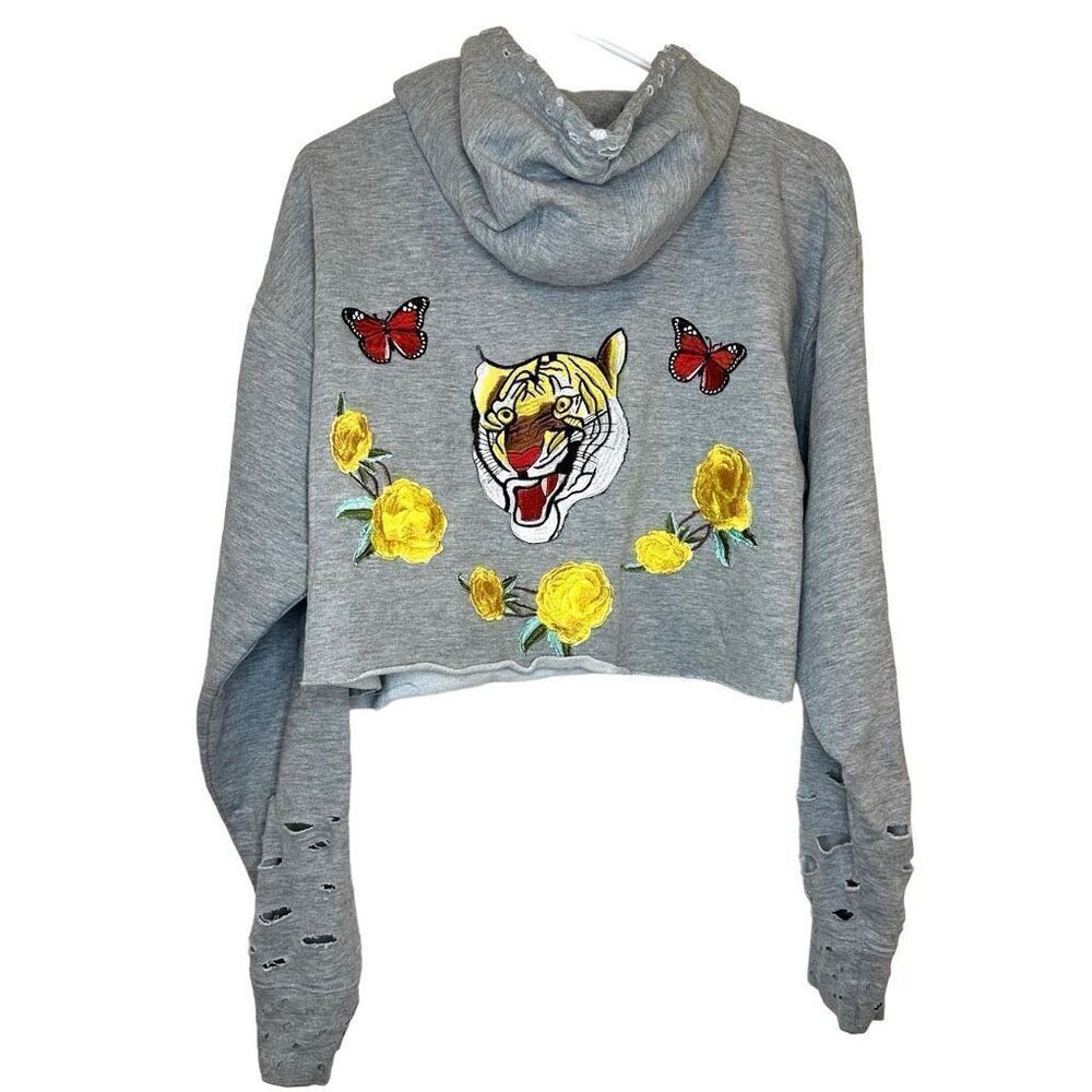 American Vintage Embroidered Tiger Raw Hem Distressed Crop Hoodie Gray Large
